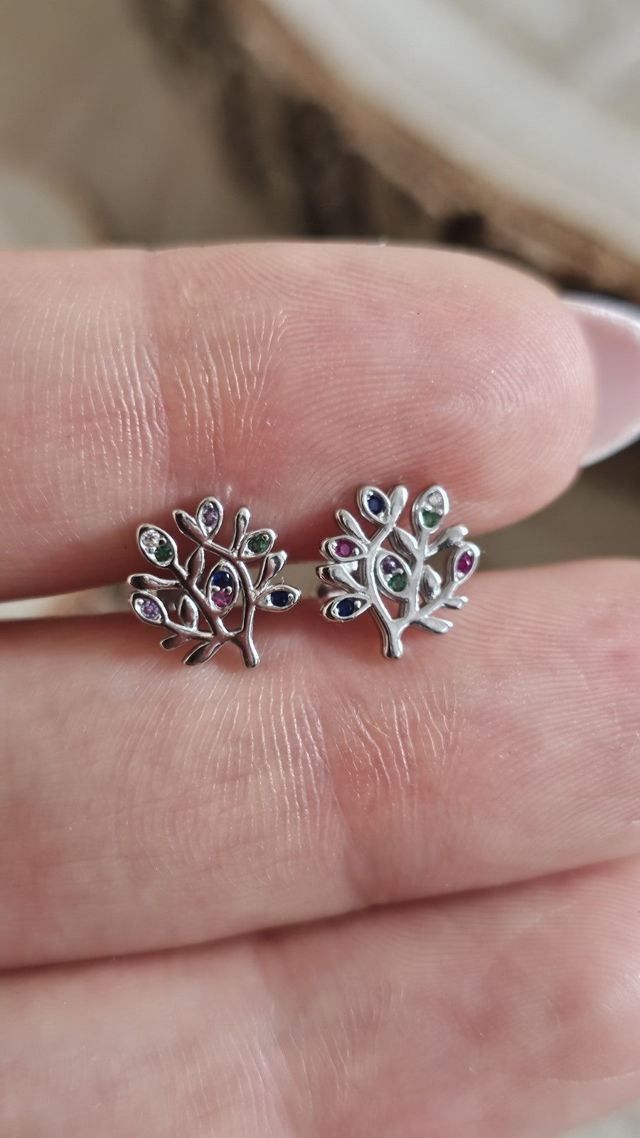 925 Sterling Silver Multicoloured CZ Tree Stud Earrings 10mm, New Boxed