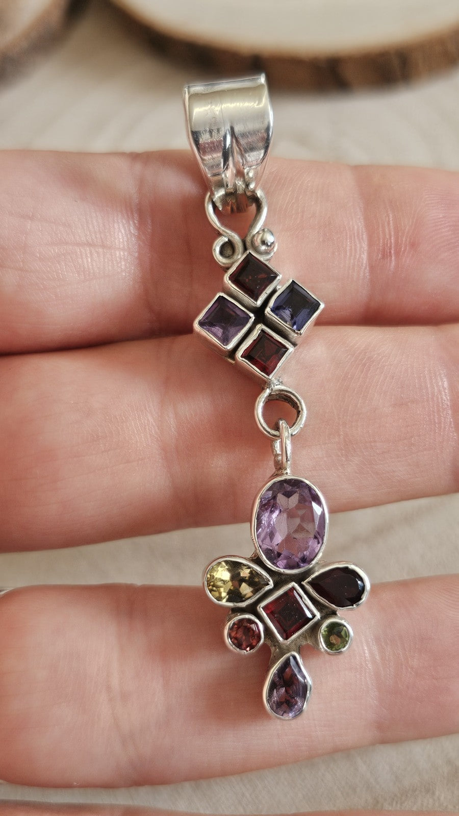 925 Sterling Silver Multi Gemstone Long Pendant Amethyst Garnet Iolite Citrine