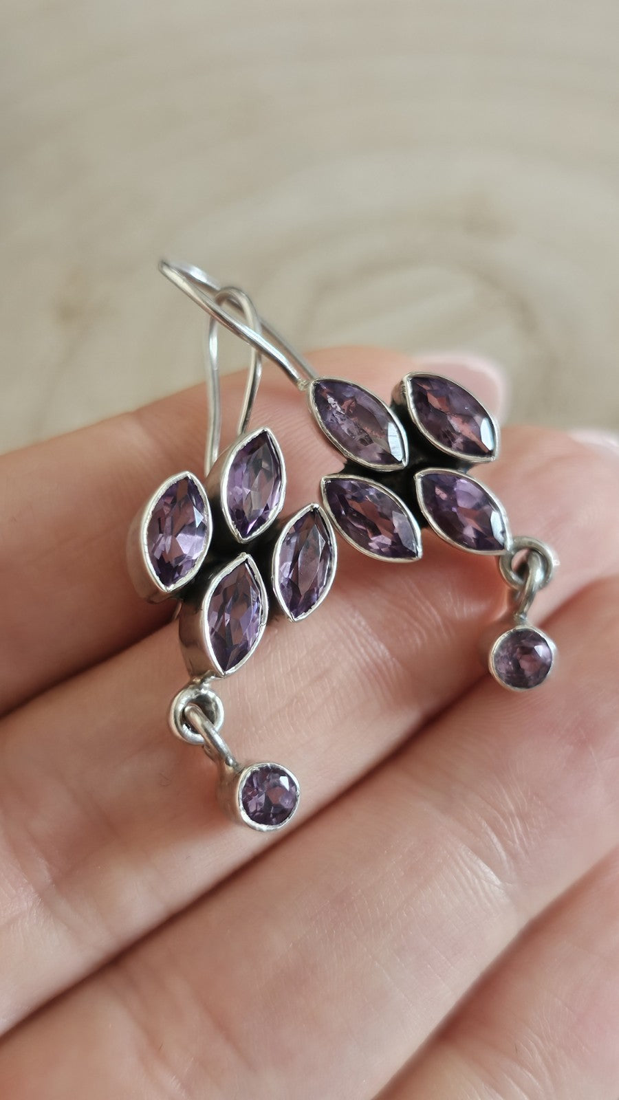 925 Sterling Silver Amethyst Floral Drop Dangle Earrings 