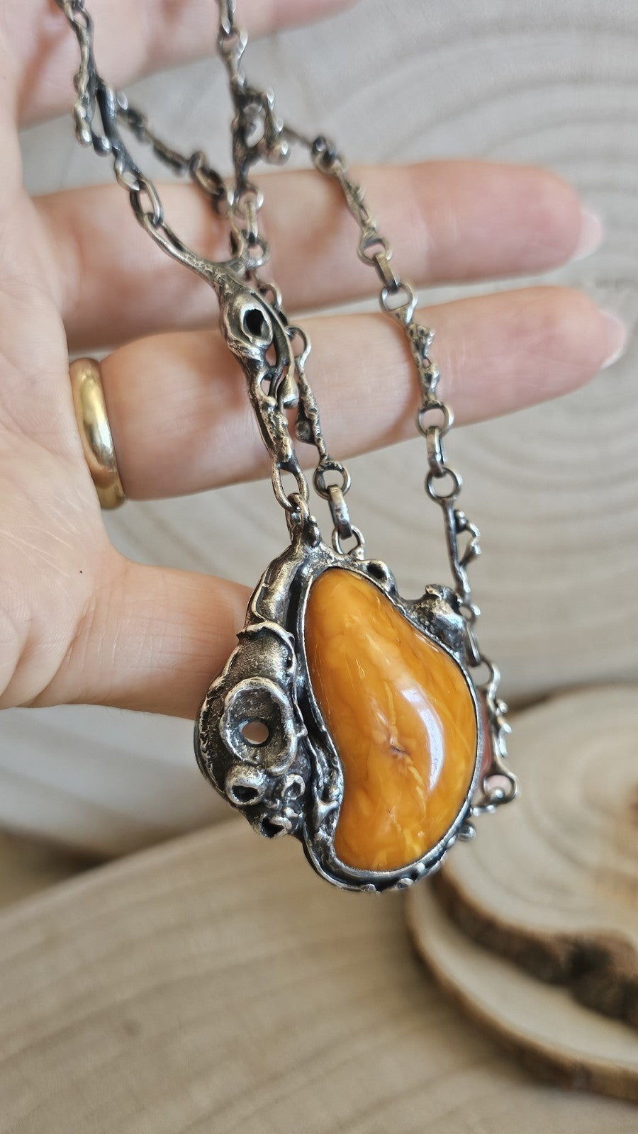 Vintage Polish 800 Silver Amber Brutalist Pendant Necklace TMS Warsaw, 37g