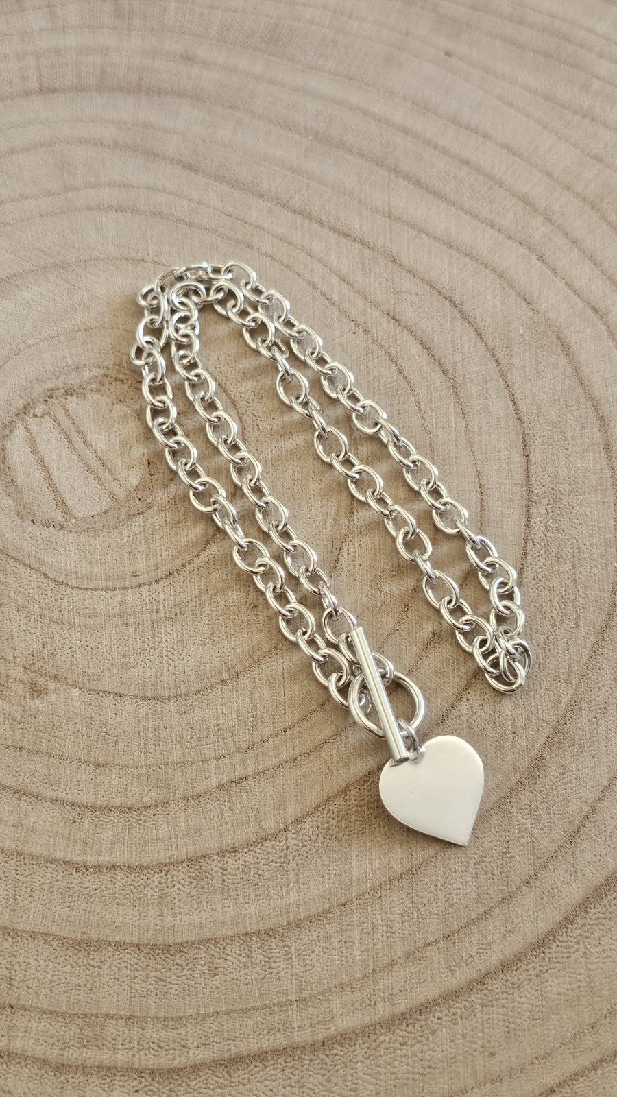 925 Sterling Silver Chunky Heart Pendant Necklace T-Bar Hallmarked 27.61g