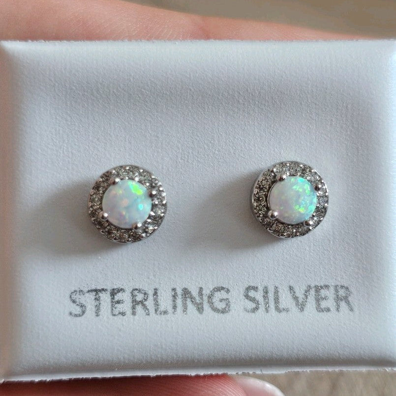 925 Sterling Silver White Opal CZ Halo Stud Earrings 6.6mm