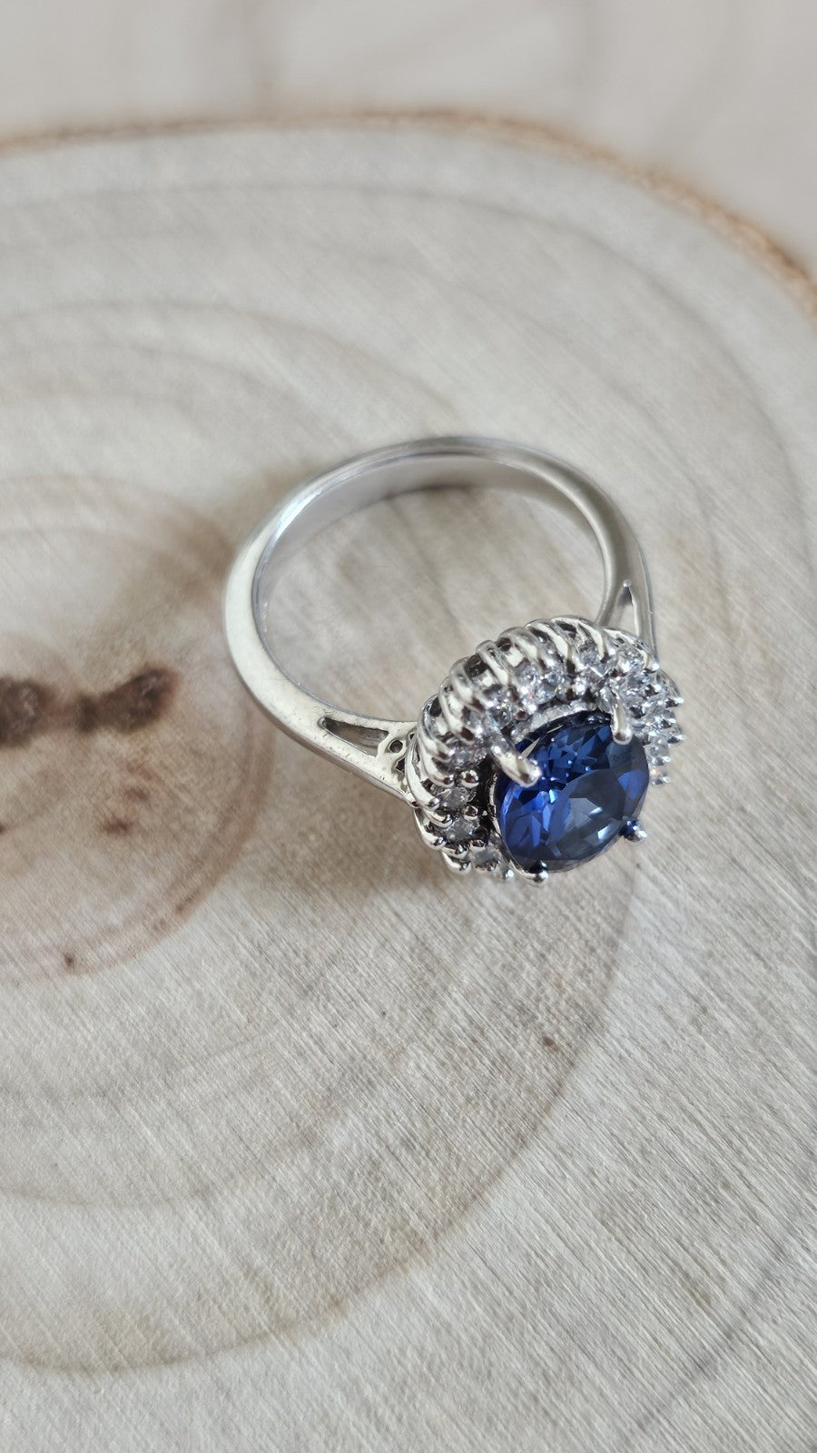 925 Sterling Silver Sapphire Blue CZ Halo Ring – Size K – Hallmarked 4.62g