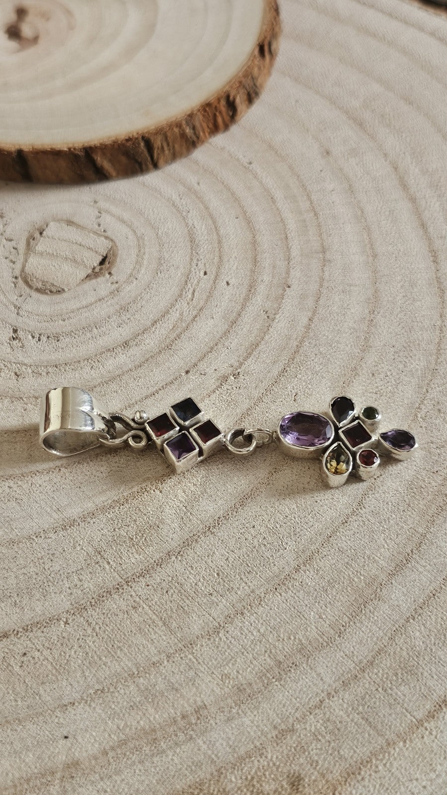 925 Sterling Silver Multi Gemstone Long Pendant Amethyst Garnet Iolite Citrine