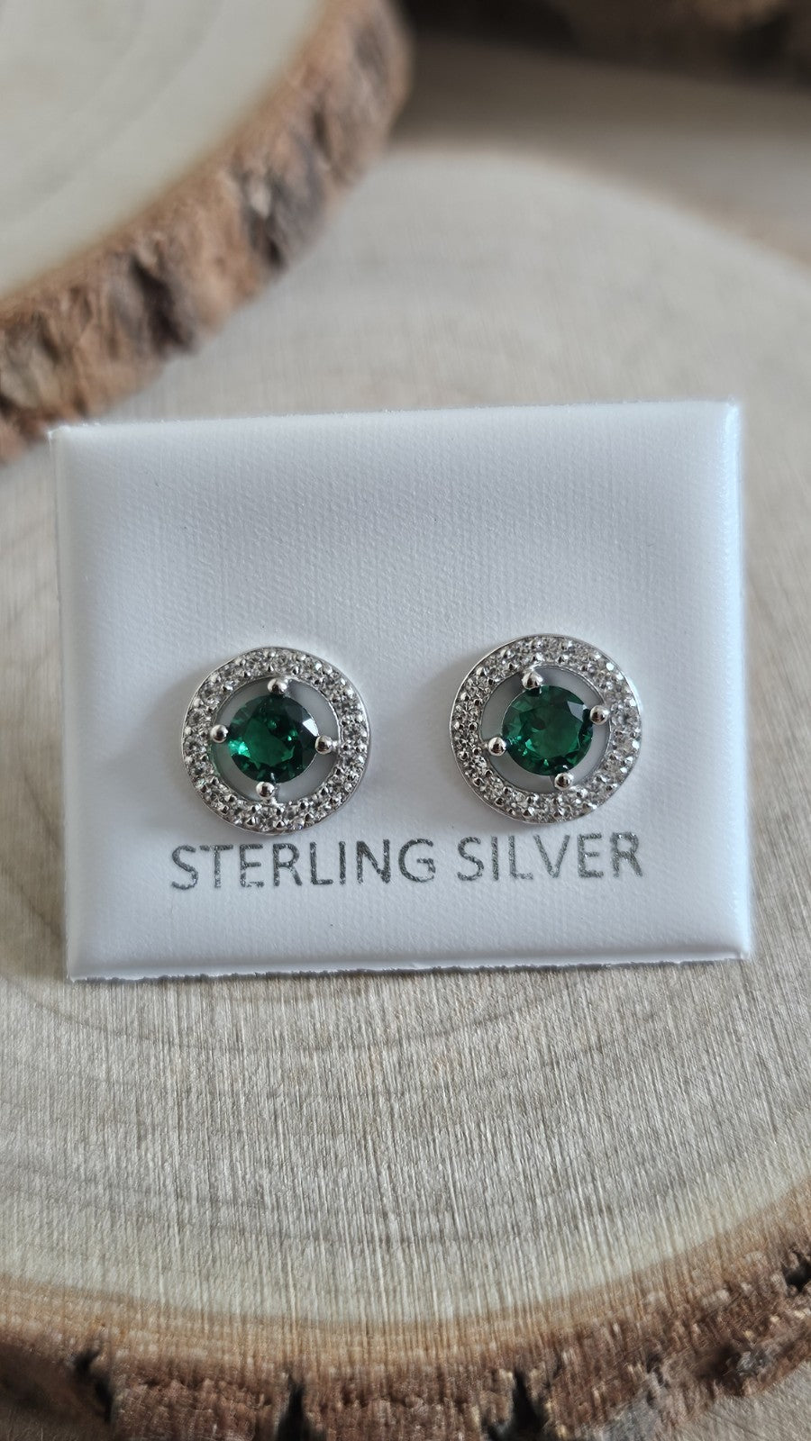 925 Sterling Silver Emerald Green CZ Halo Stud Earrings – Rhodium Plated , New