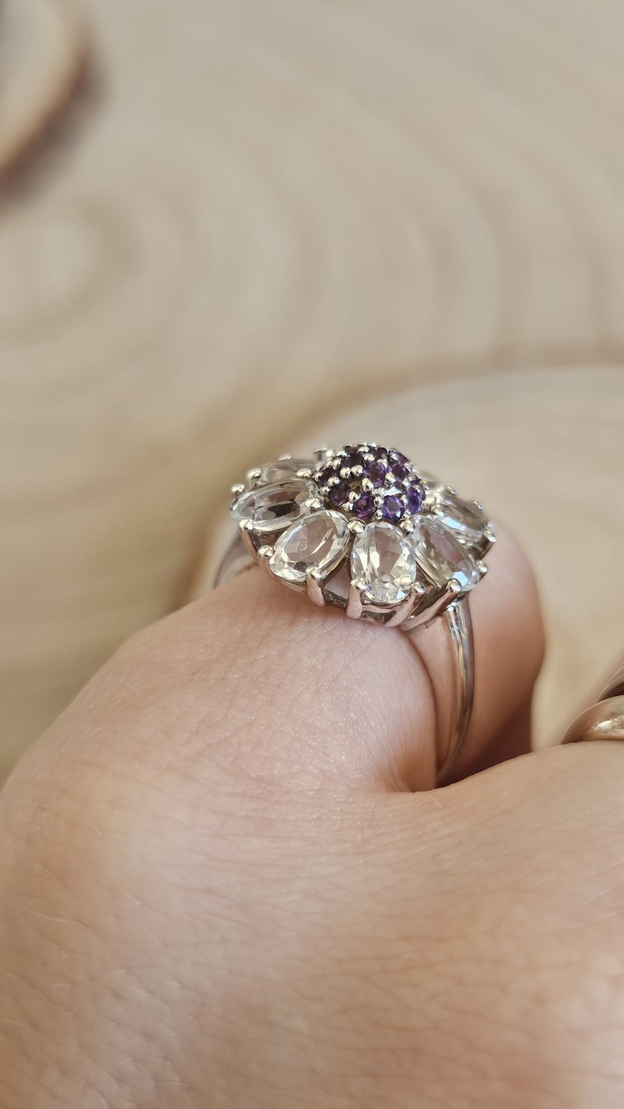 TGGC 925 Sterling Silver Amethyst & White Topaz Flower Ring Size R 1/2