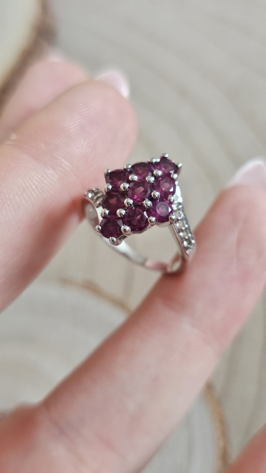 TGGC 925 Sterling Silver Rhodolite Garnet & Zircon Cluster Ring Size L 1/2
