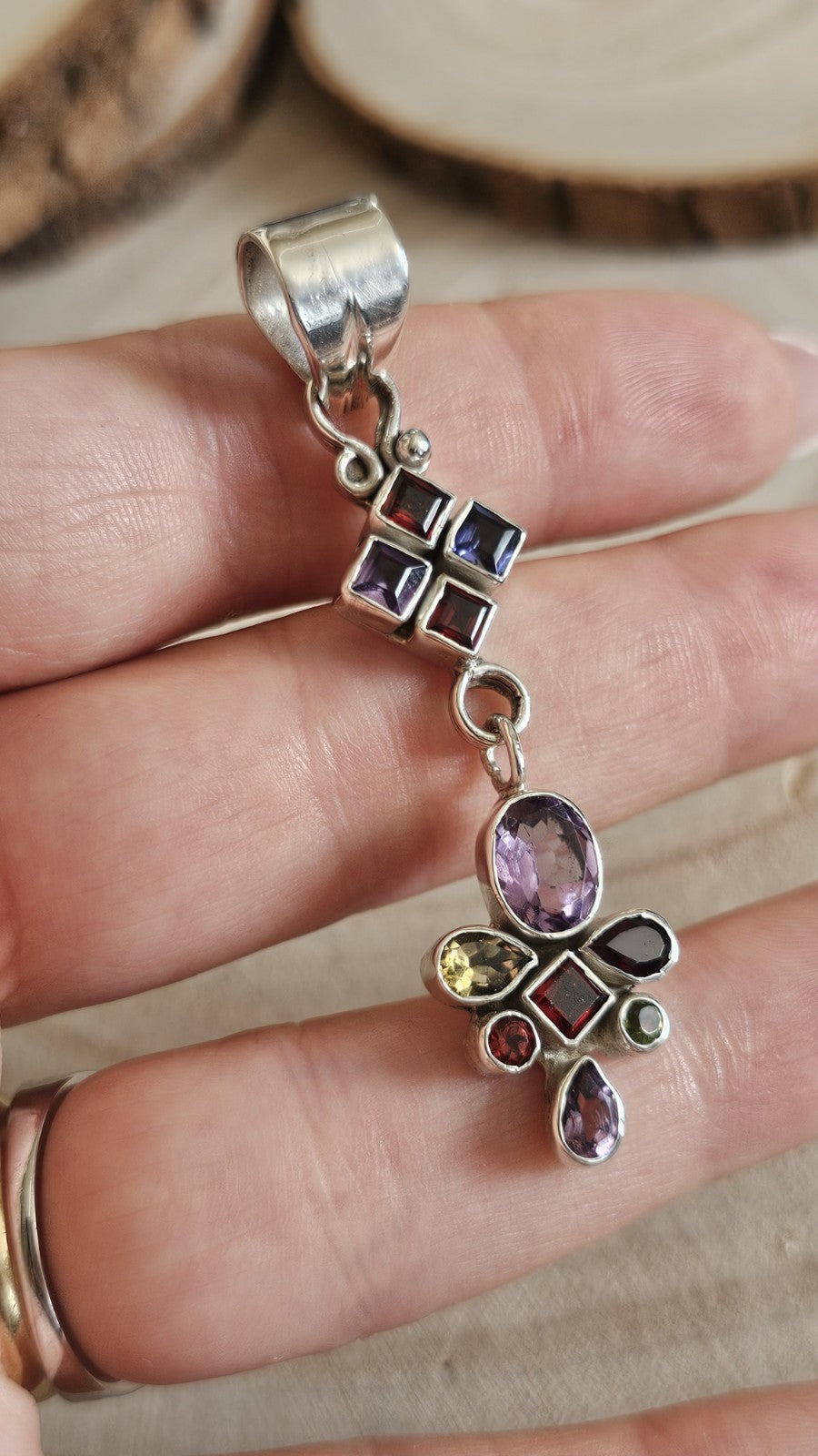 925 Sterling Silver Multi Gemstone Long Pendant Amethyst Garnet Iolite Citrine