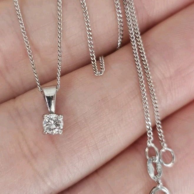 9ct White Gold Natural Diamond Solitaire Pendant Necklace 0.16ct 17.5"Hallmarked