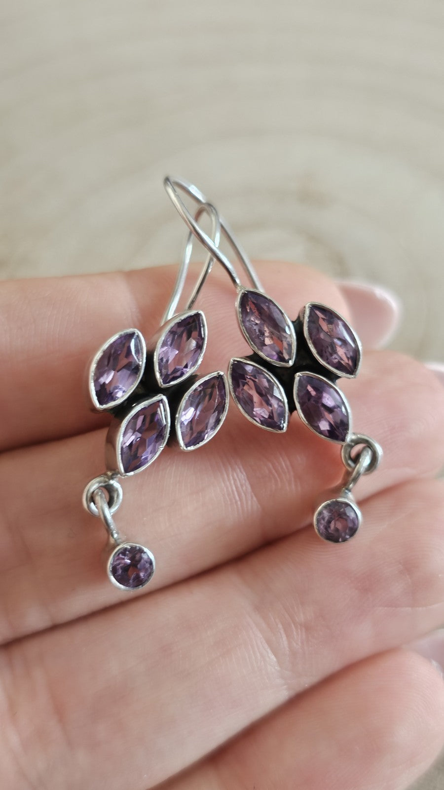 925 Sterling Silver Amethyst Floral Drop Dangle Earrings 