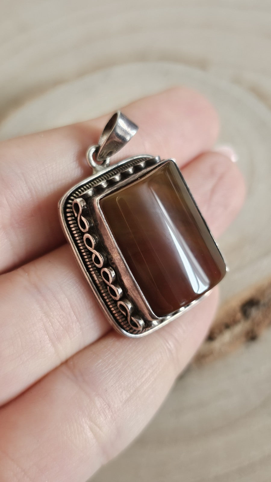 925 Sterling Silver Banded Agate Large Pendant Brown Gemstone 21g