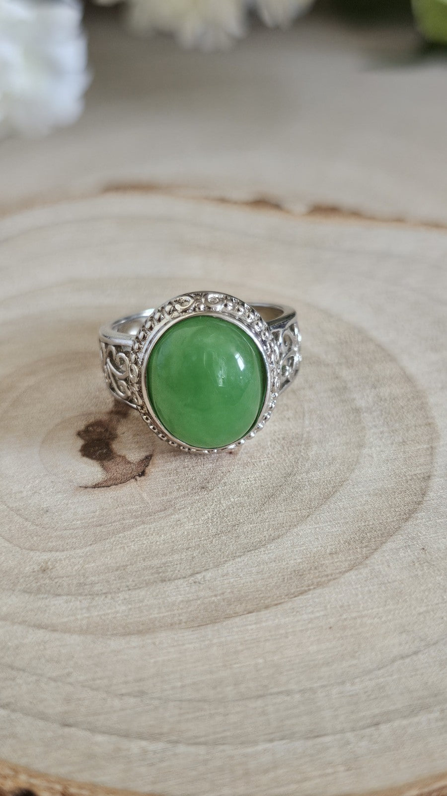 925 Sterling Silver Green Jade Oval Ring Size L 1/2 Ornate Scroll 4.92g