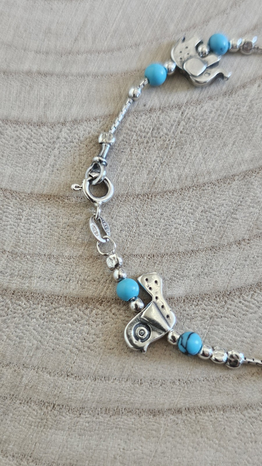 925 Sterling Silver Turquoise Animal Charm Bracelet 7.5" Cat Snail 7.37g