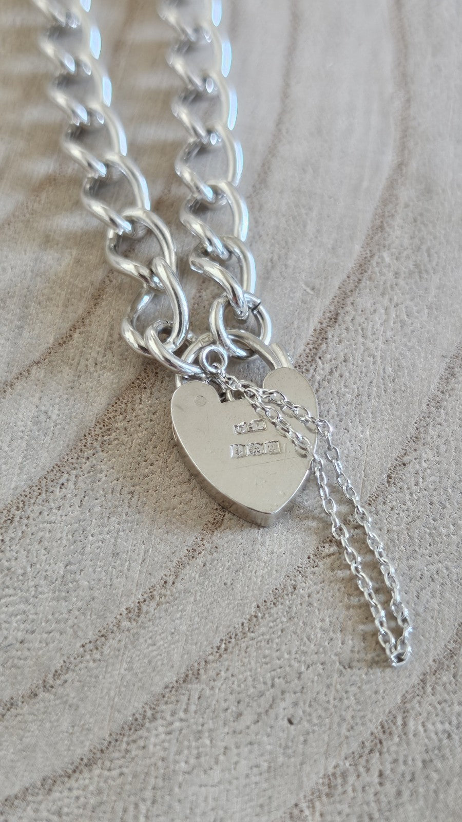 Vintage 1969 Sterling Silver Curb Bracelet Heart Padlock Hallmarked 14.38g