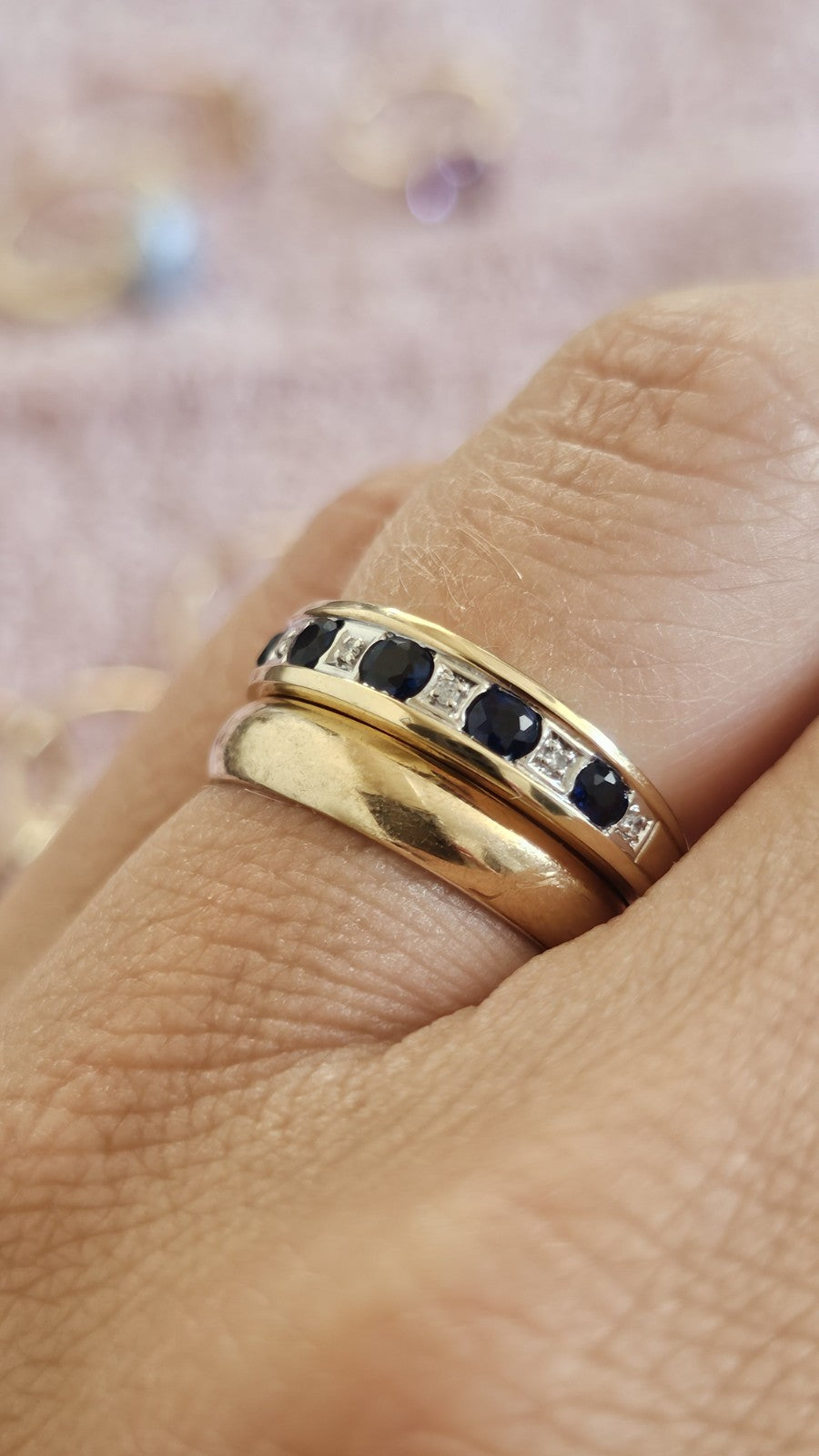 💙 9ct Yellow Gold Sapphire & Diamond Band Ring – Size P ½ 💎