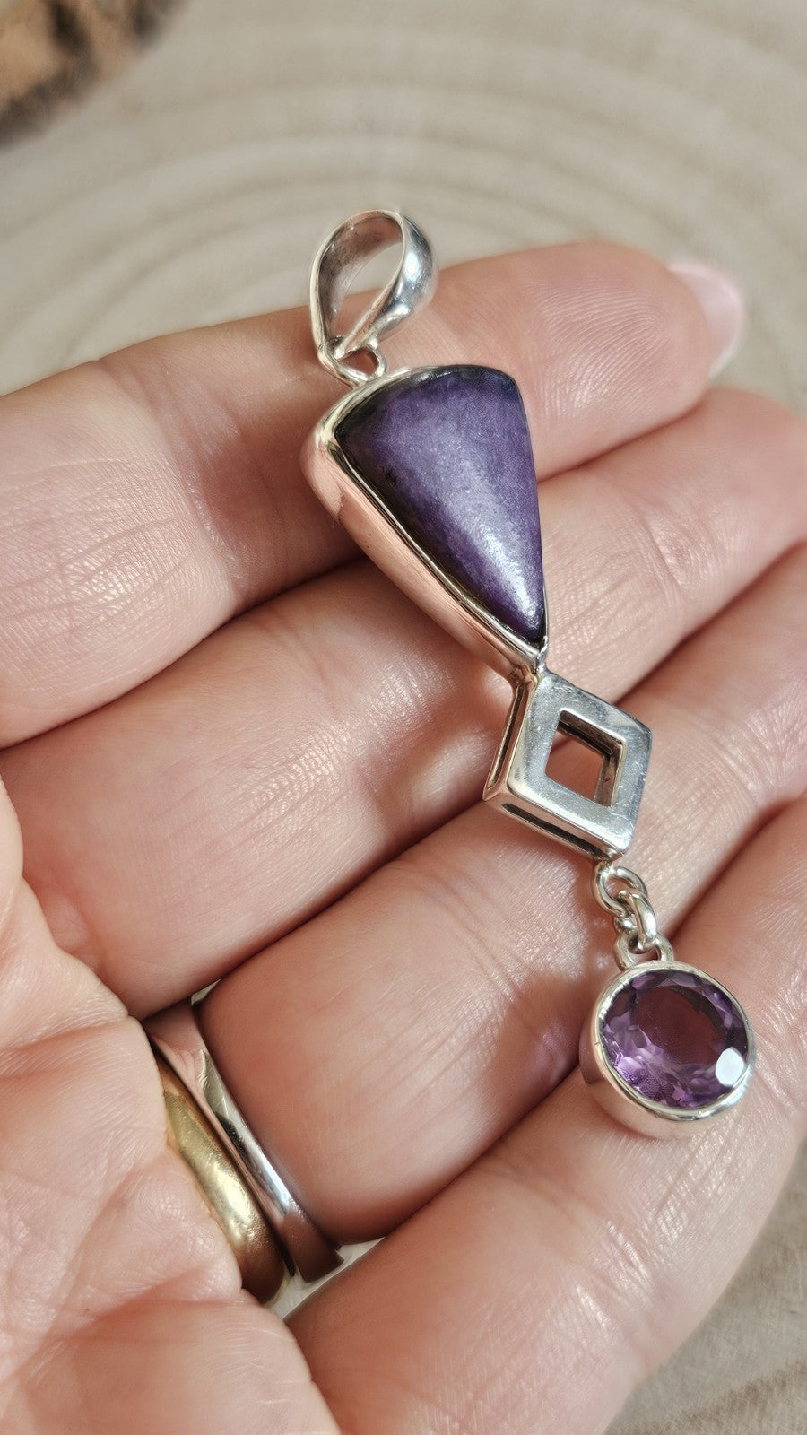 925 Sterling Silver Purple Gemstone & Amethyst Geometric Drop Pendant 9.35g