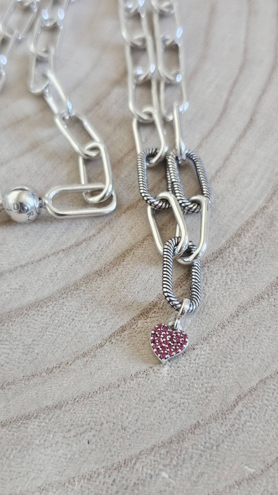 Pandora ALE 925 Sterling Silver Paperclip Chain Necklace Heart Charm 17.5"35.21g