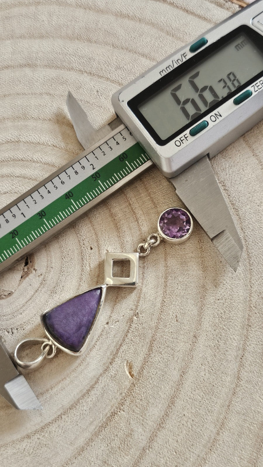 925 Sterling Silver Purple Gemstone & Amethyst Geometric Drop Pendant 9.35g