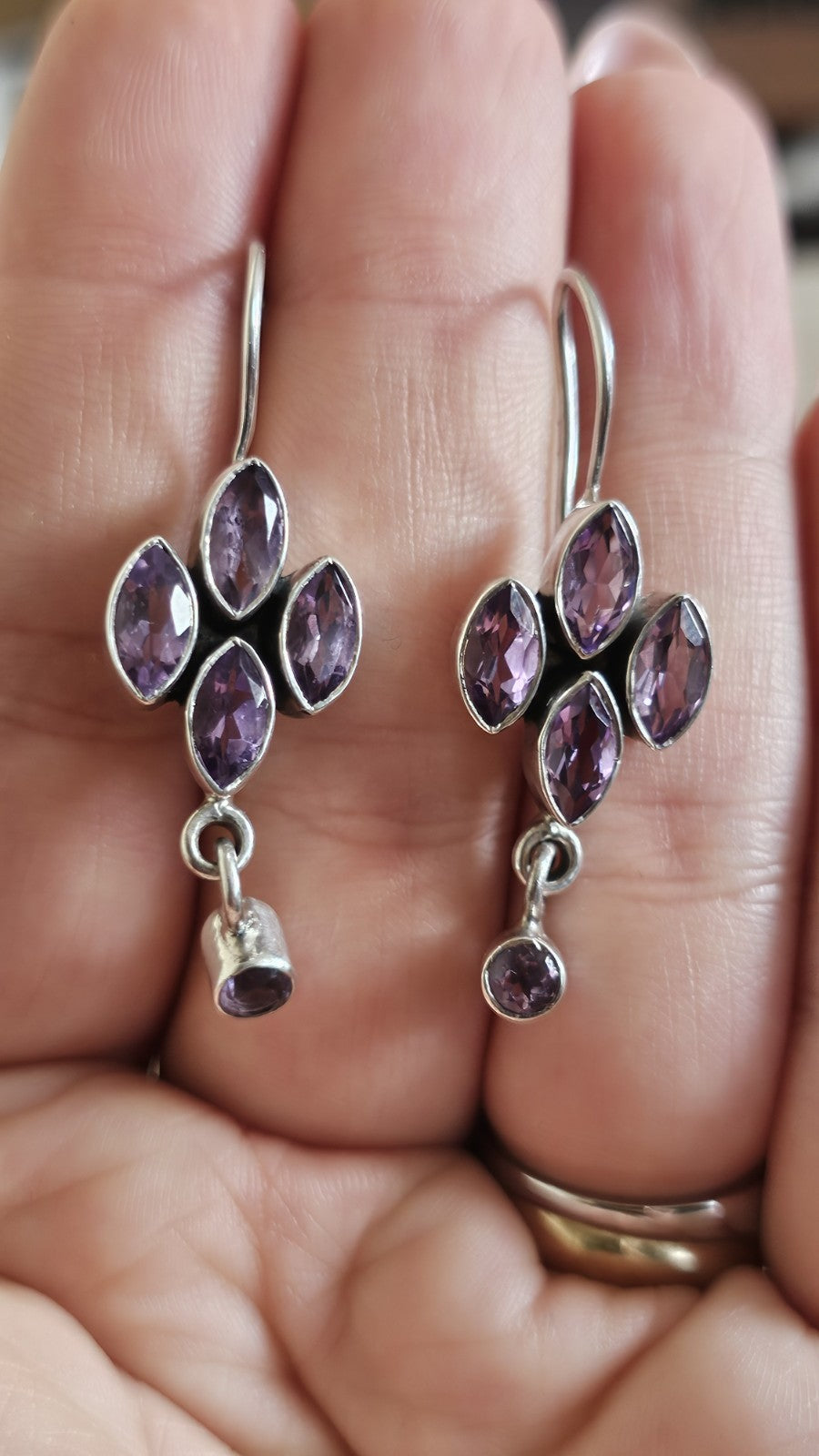 925 Sterling Silver Amethyst Floral Drop Dangle Earrings 