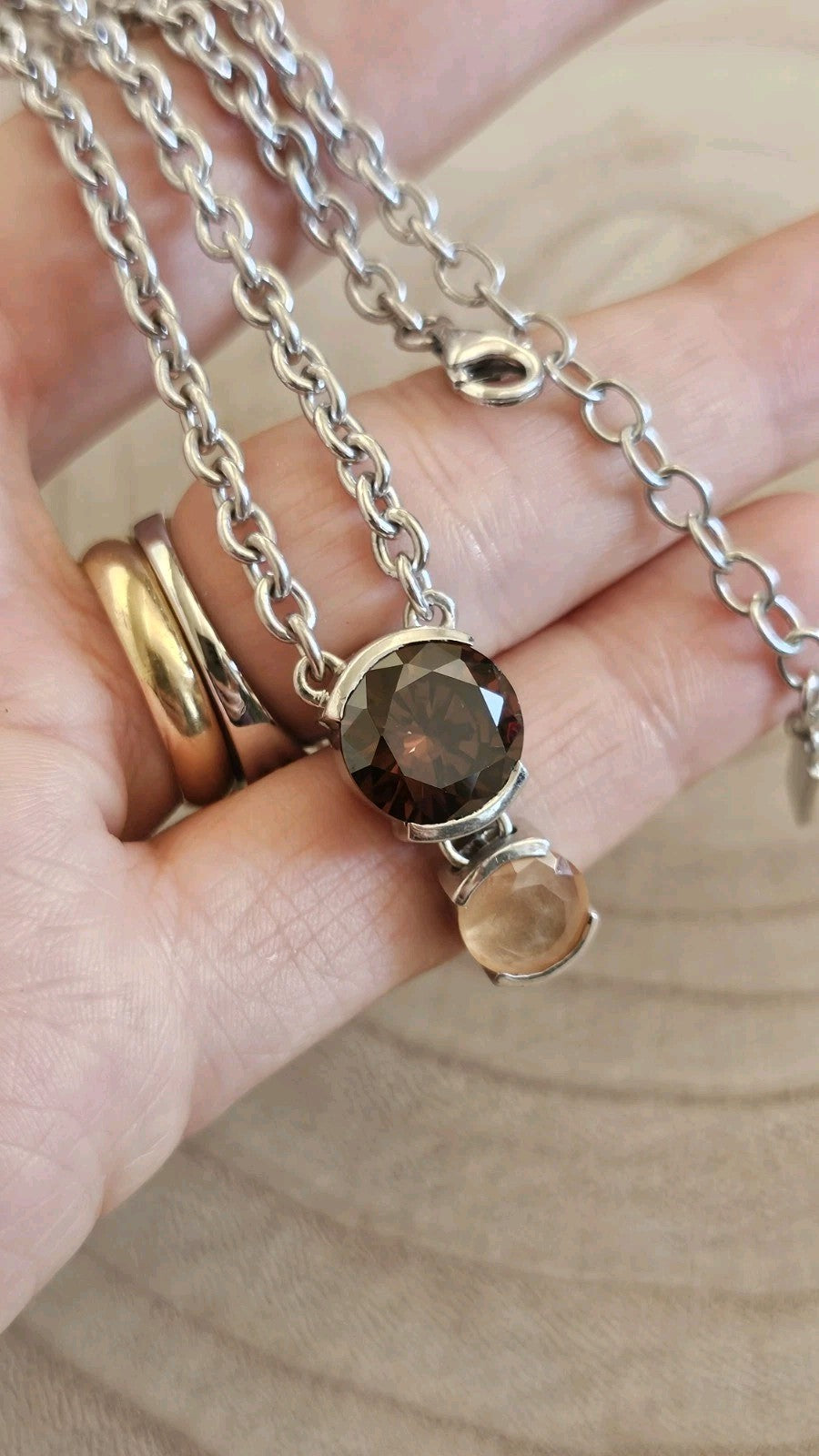 TI SENTO 925 Sterling Silver Brown & Peach Stone Pendant Necklace 16-18"