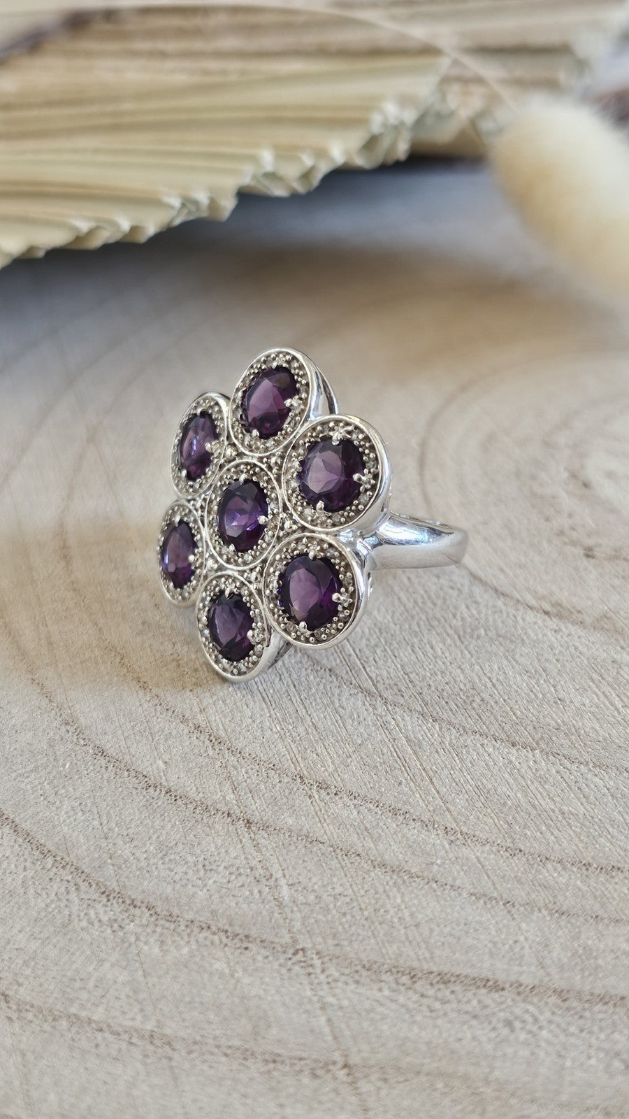 TGGC 925 Sterling Silver Amethyst Zircon Cluster Ring Size N 1/2 10.17g