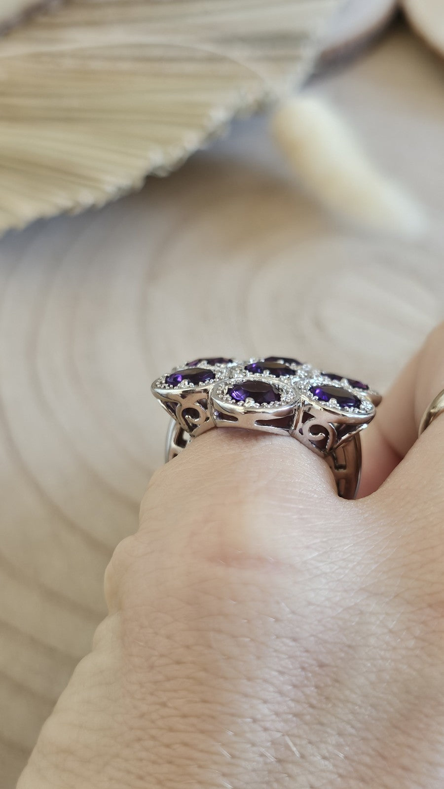 TGGC 925 Sterling Silver Amethyst Zircon Cluster Ring Size N 1/2 10.17g