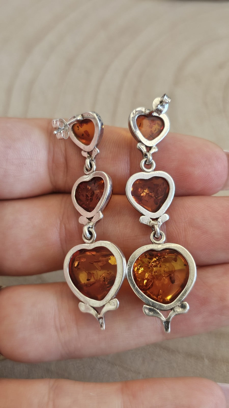 925 Sterling Silver Amber Heart Drop Earrings 3 Stone Dangle 9.37g
