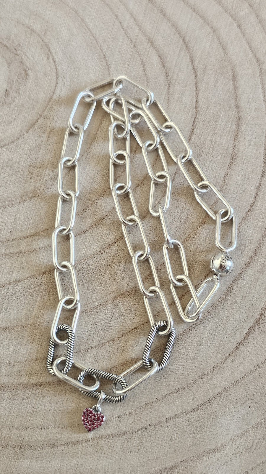 Pandora ALE 925 Sterling Silver Paperclip Chain Necklace Heart Charm 17.5"35.21g
