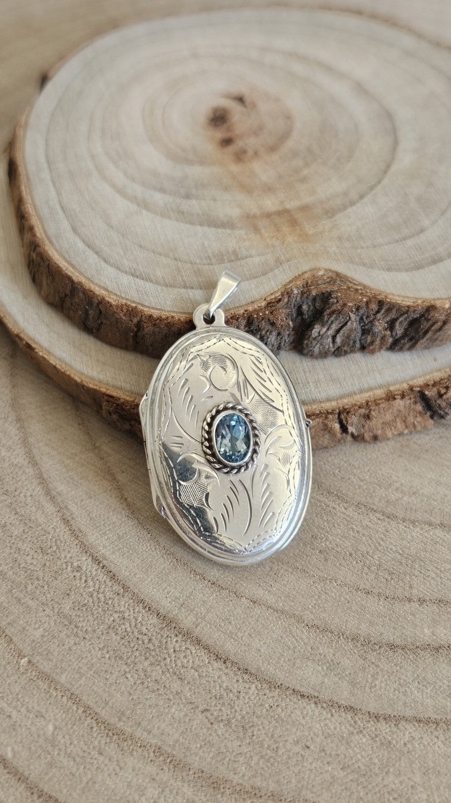 925 Sterling Silver Oval Photo Locket Pendant, Bezel Set Oval Blue Topaz Stone