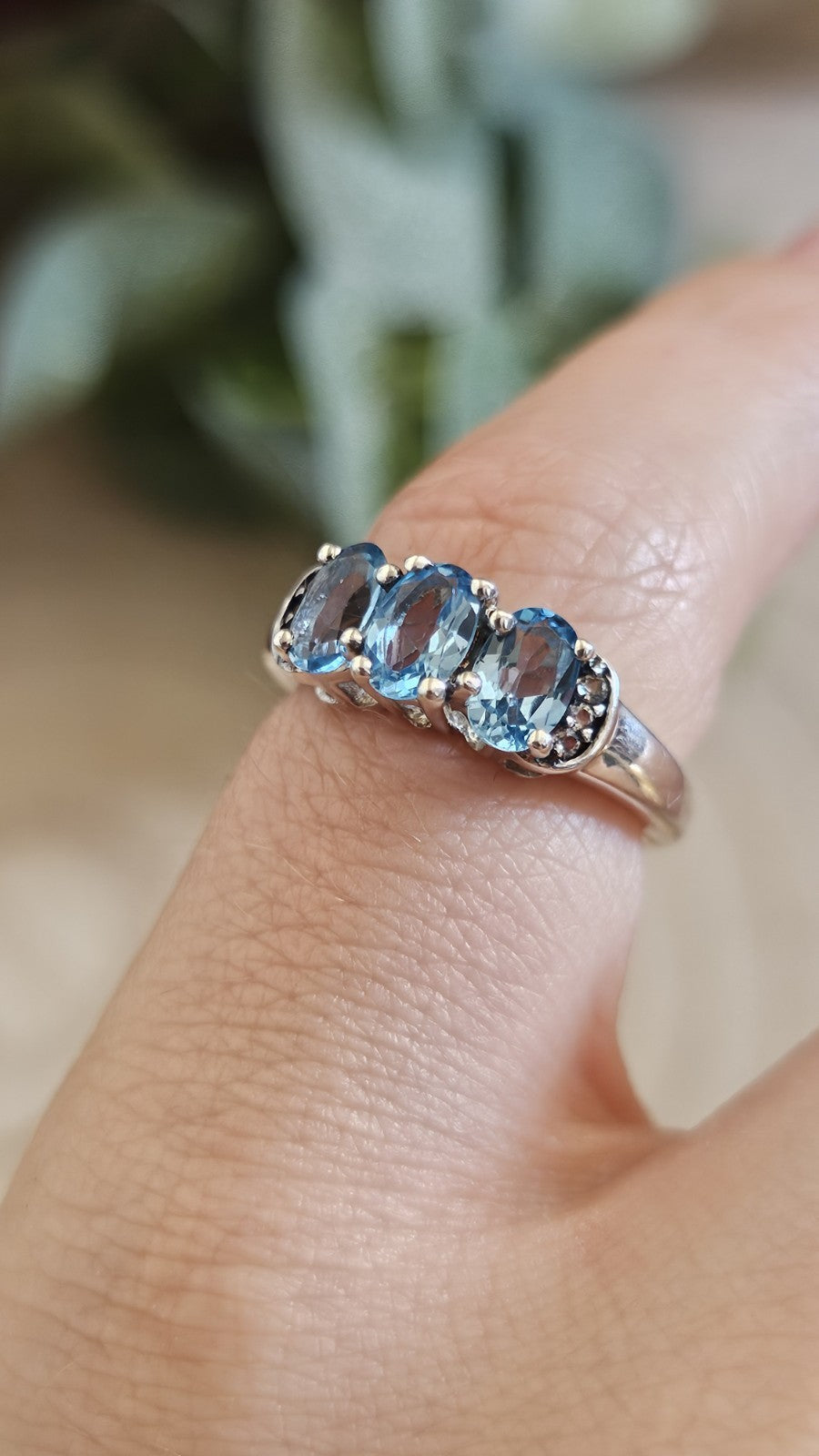 925 Sterling Silver Blue Topaz & Zircon Trilogy Ring Size L 1/2 TGGC