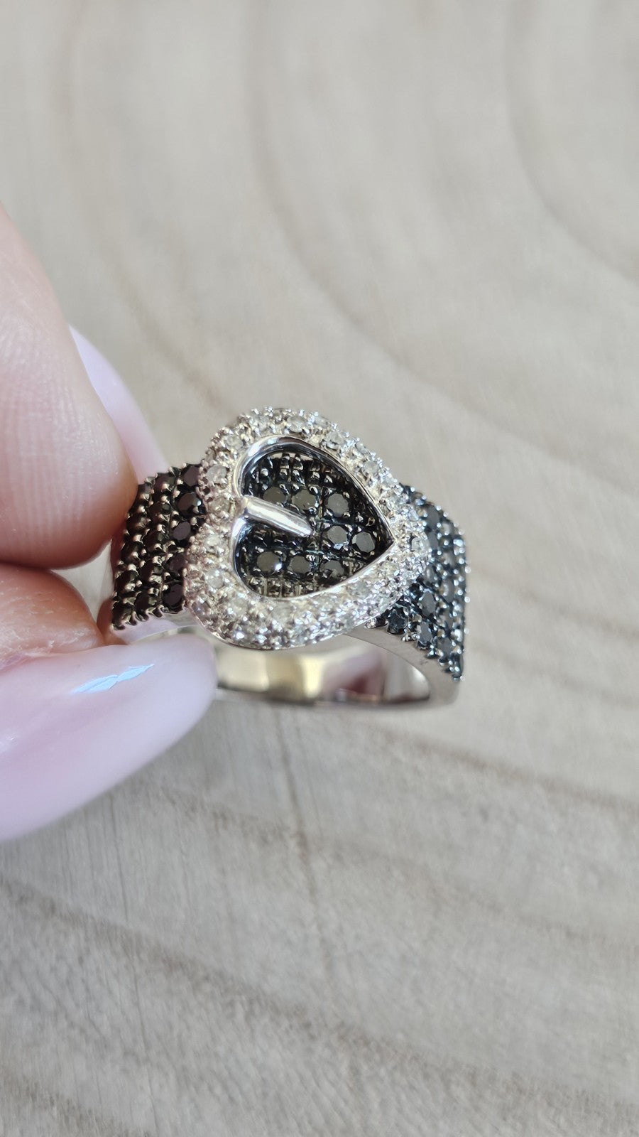 Sterling Silver Natural Black & Clear Diamond Buckle Ring Size N 1/2