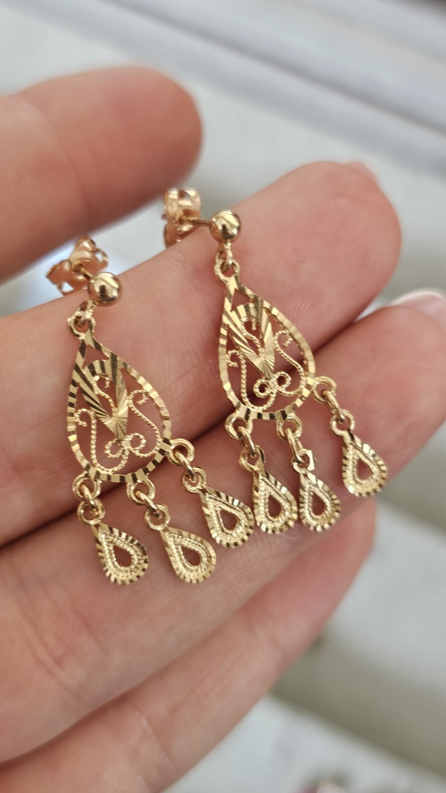 9ct Yellow Gold Filigree Chandelier Drop Earrings 31.8mm 2.62g 375