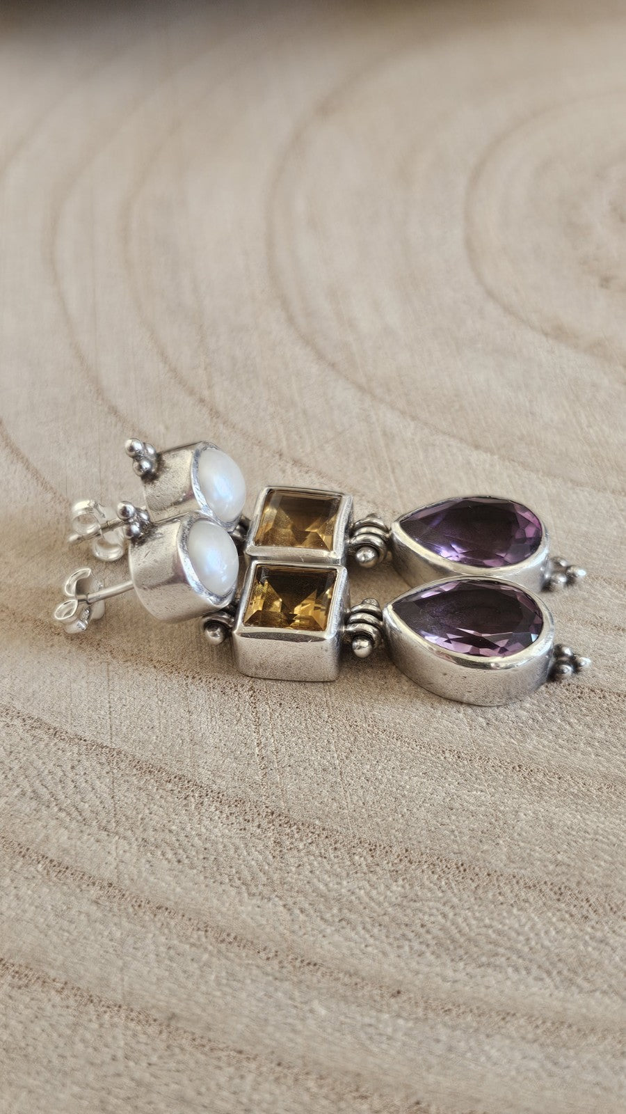 Vintage 925 Sterling Silver Pearl Citrine Amethyst Drop Earrings 12.12g