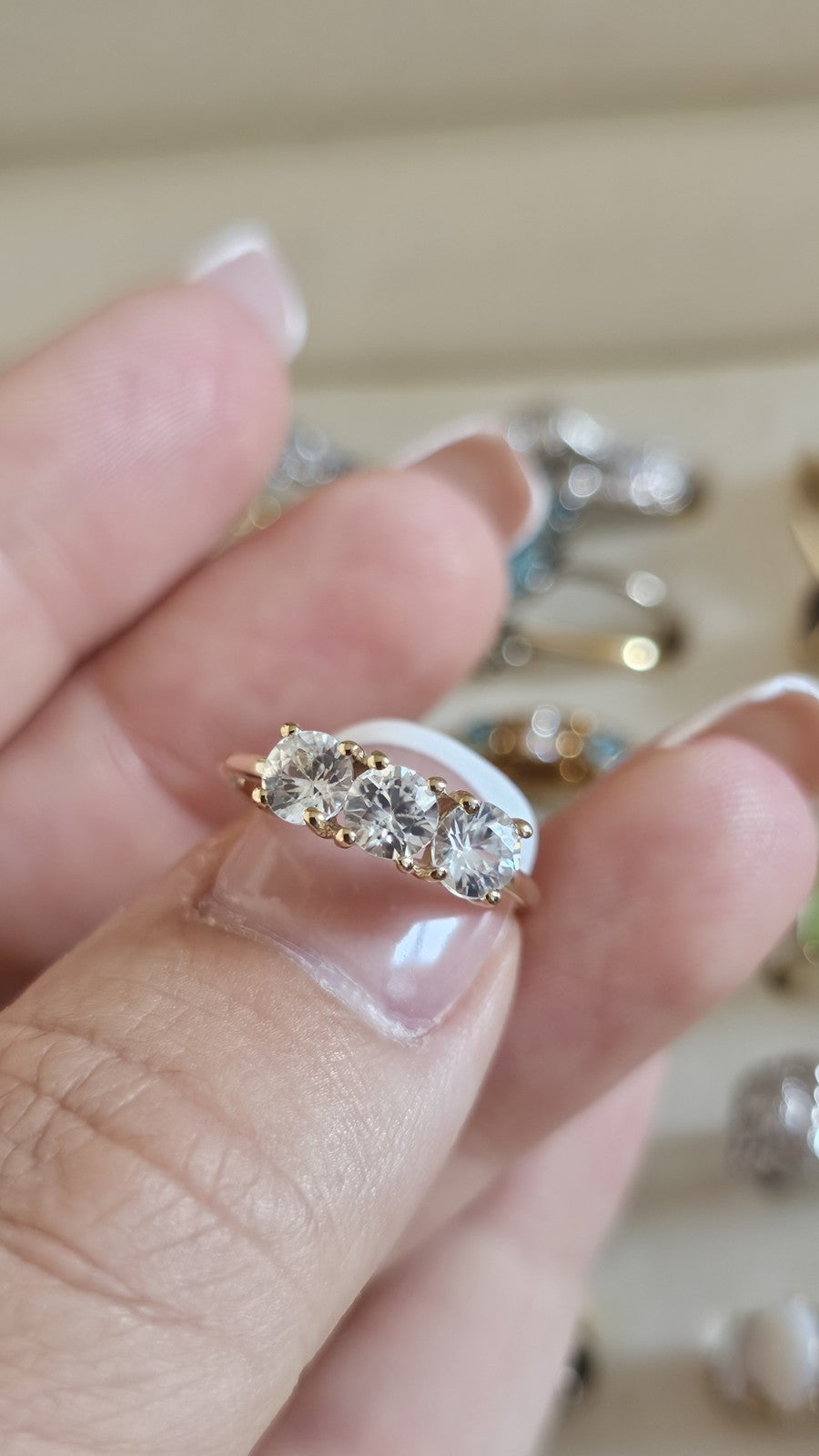 10ct Yellow Gold White Sapphire Trilogy Ring Size L 1/2 , Three Stone Gold Ring
