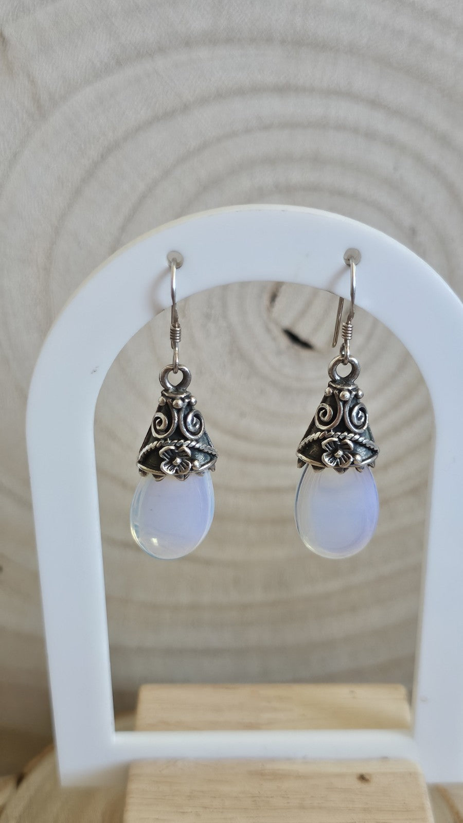 925 Sterling Silver Opalite Drop Earrings Floral Dangle Hooks 46.5mm