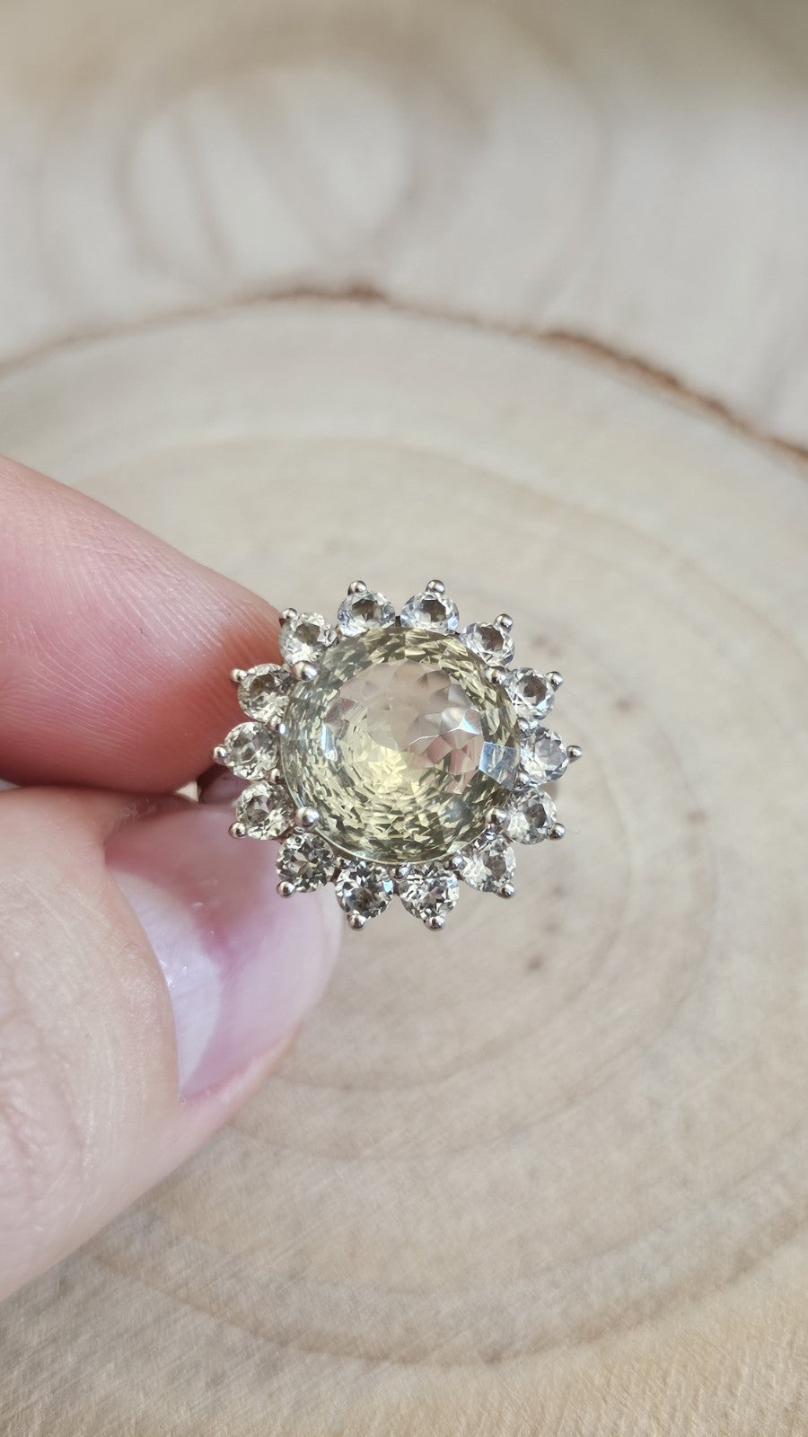 TGGC 925 Sterling Silver Green Amethyst/Prasiolite Halo Ring, Size N 1/2