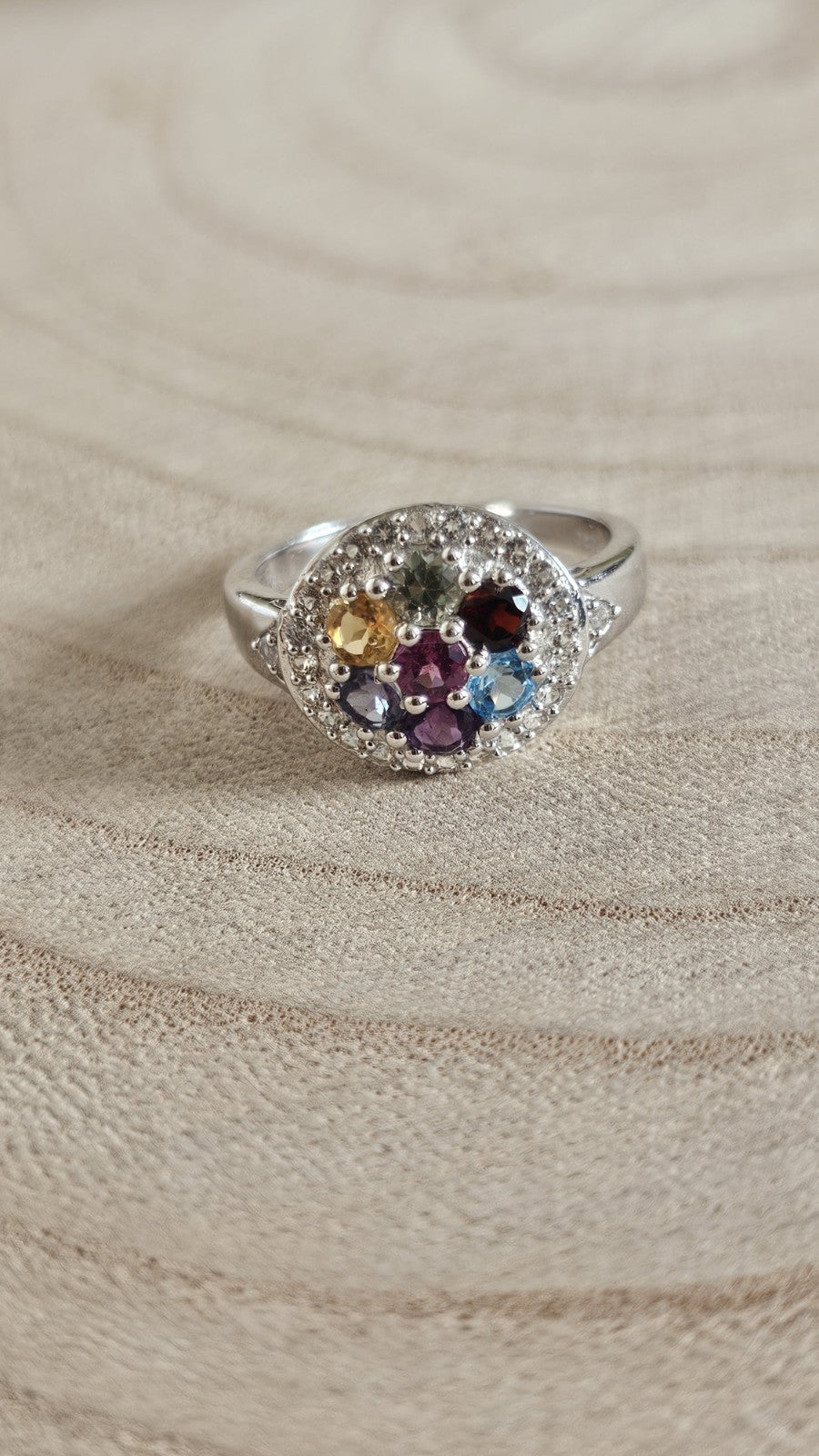 925 Sterling Silver Natural Multicolour Tourmaline Zircon Ring Size R TGGC