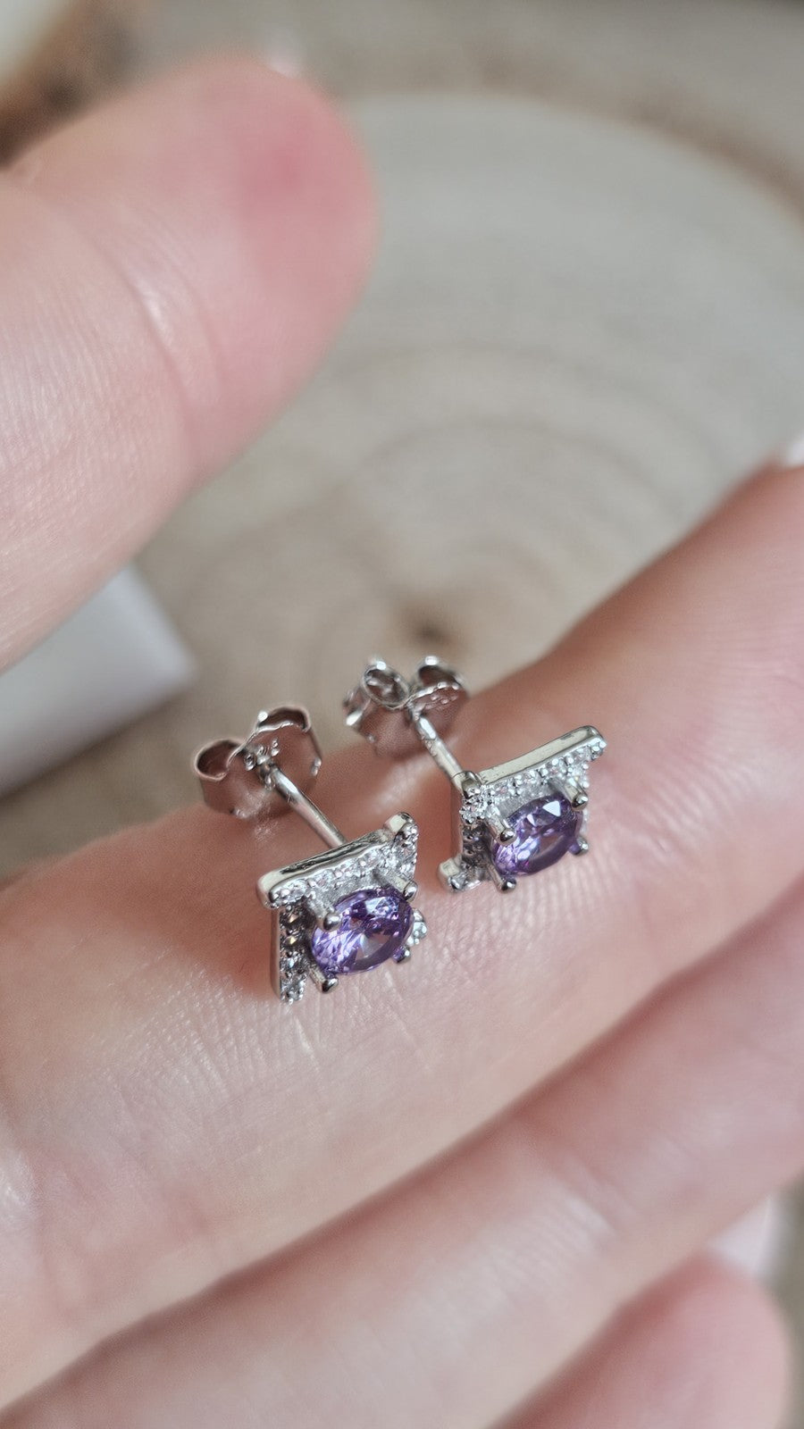 925 Sterling Silver Amethyst CZ Stud Earrings Rhodium Plated 7mm New in Box