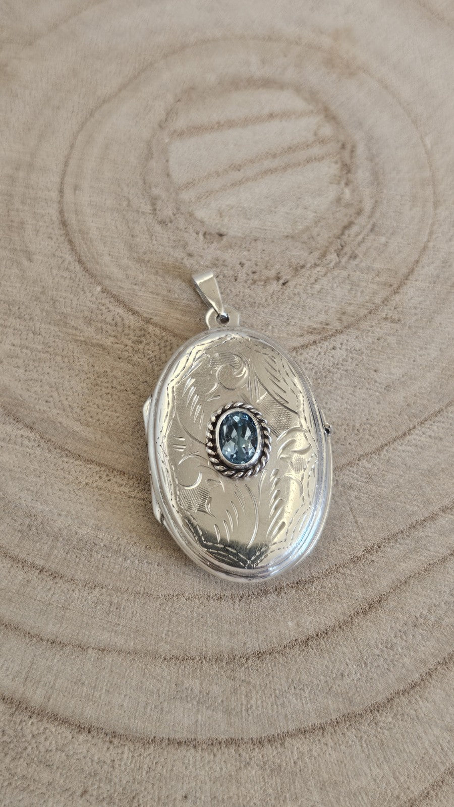 925 Sterling Silver Oval Photo Locket Pendant, Bezel Set Oval Blue Topaz Stone