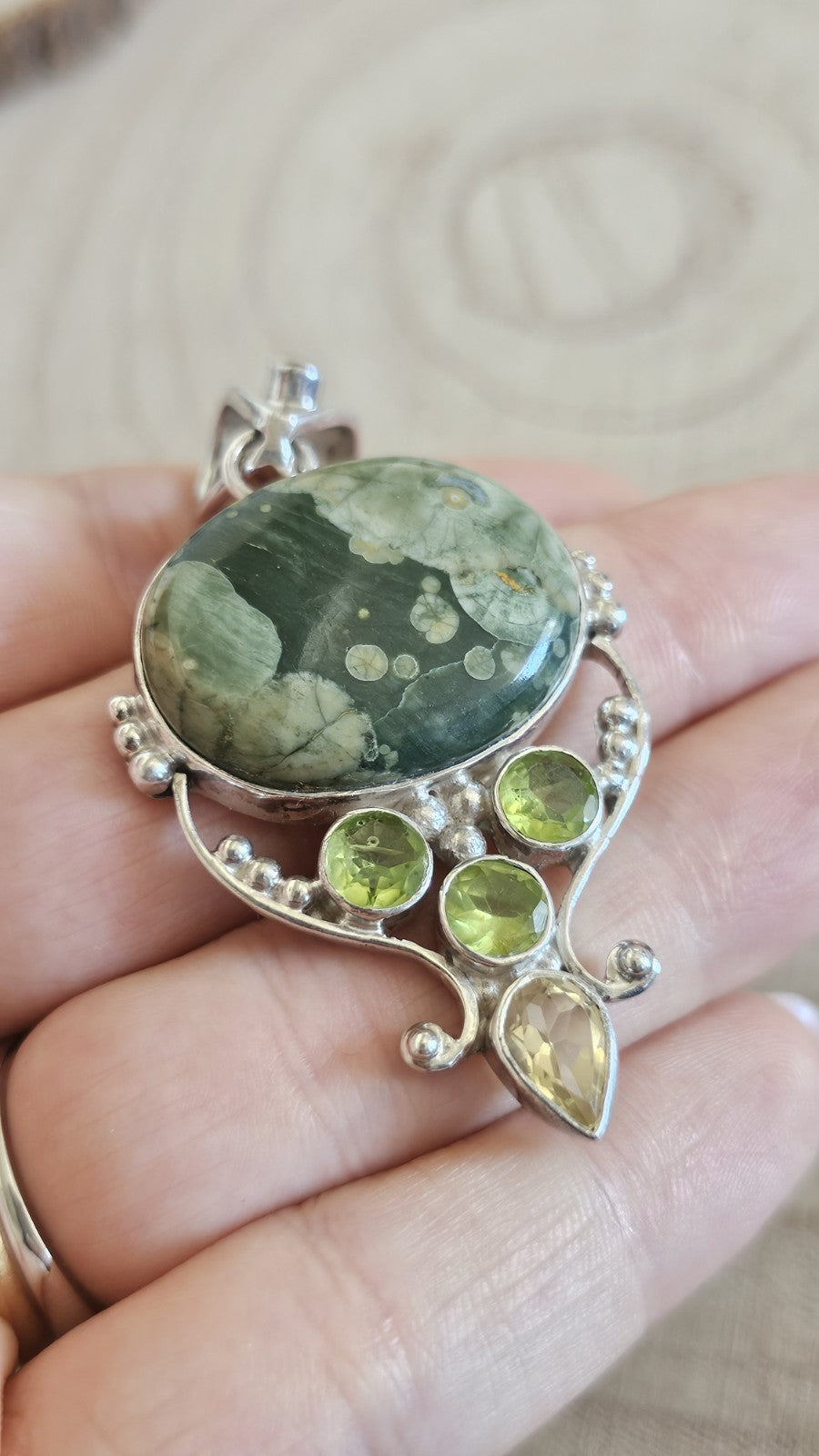 925 Sterling Silver Rainforest Jasper Peridot Citrine Pendant 60mm 17.55g