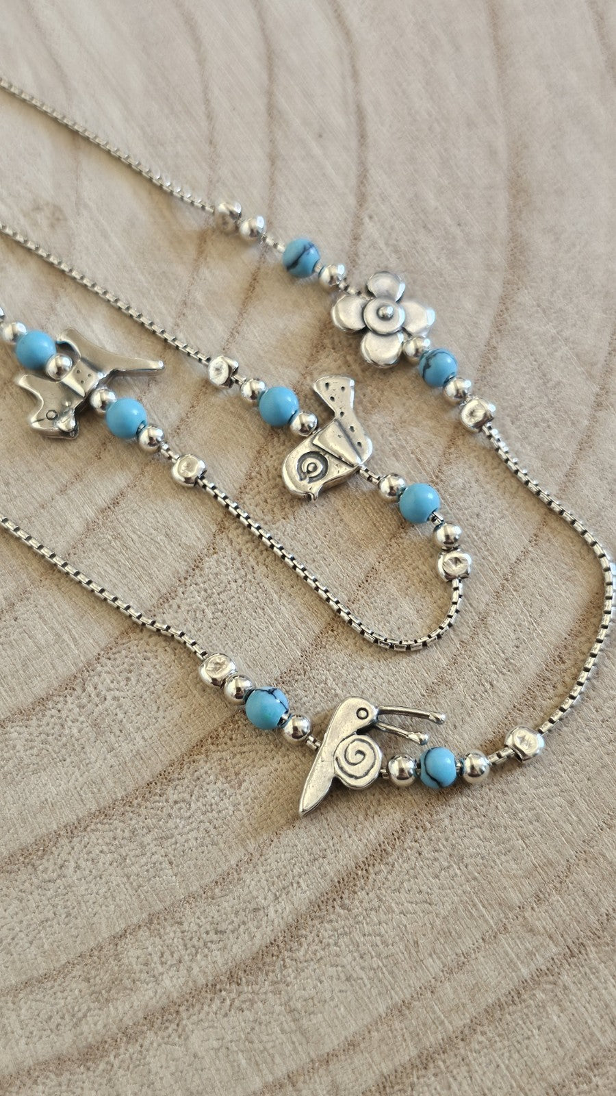 925 Sterling Silver Turquoise Stone Animal Charm Necklace Cat Snail 17" 10.35g