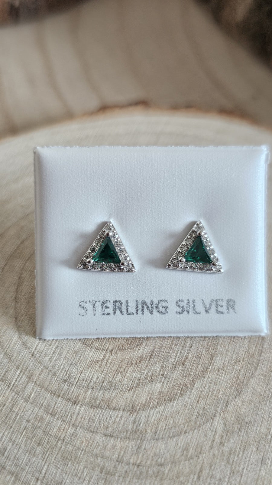 925 Sterling Silver Emerald Green CZ Triangle Stud Earrings 7.88mm