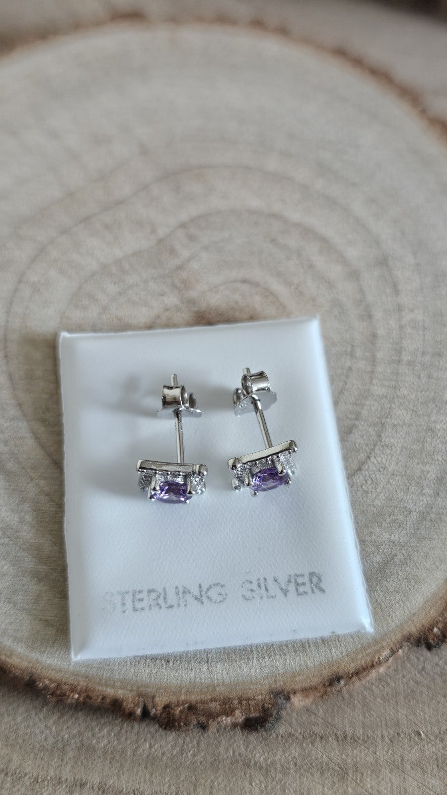925 Sterling Silver Amethyst CZ Stud Earrings Rhodium Plated 7mm New in Box