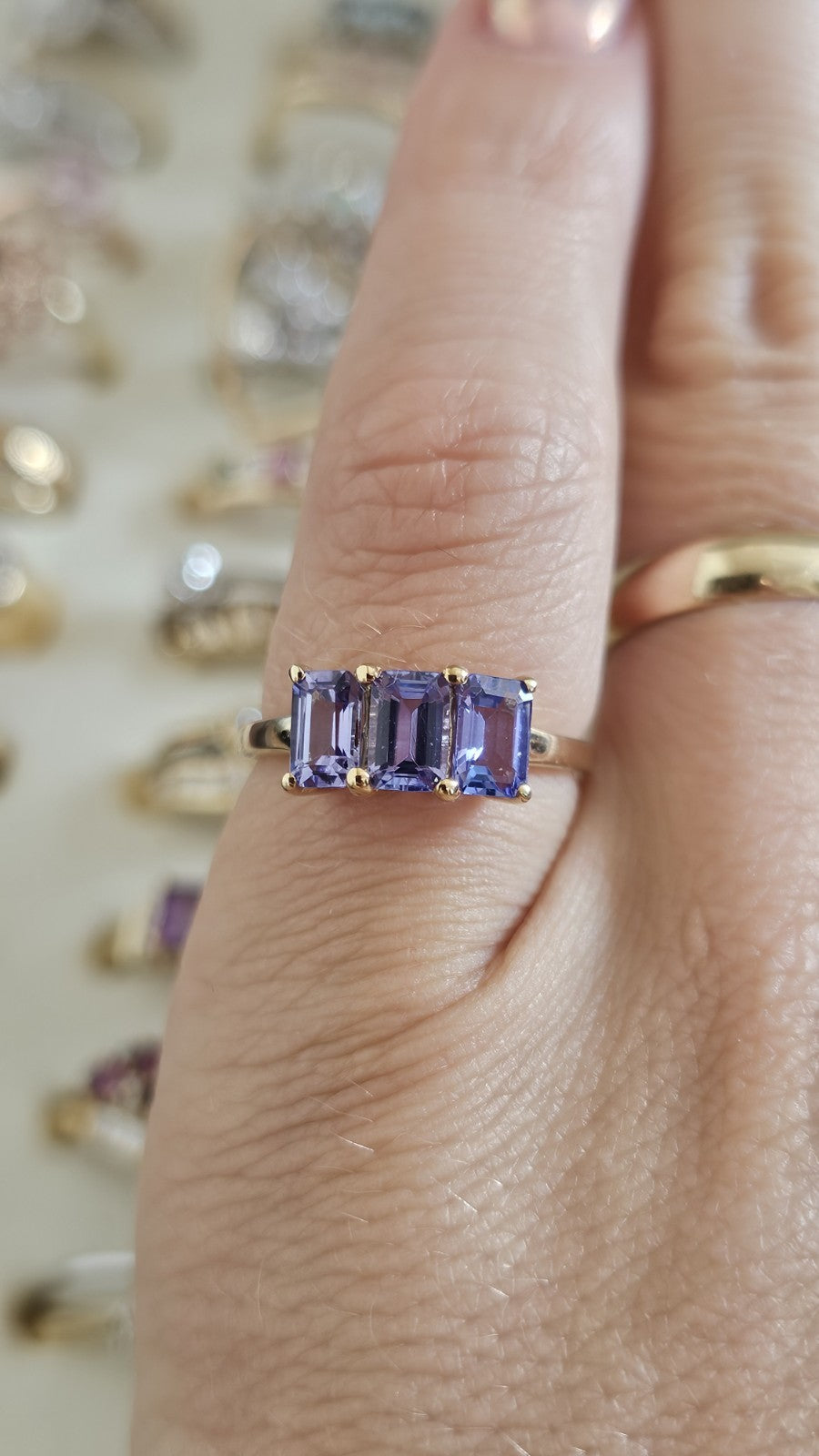 10ct Yellow Gold Natural Tanzanite Trilogy Ring Size N½ | Emerald Cut Hallmarked