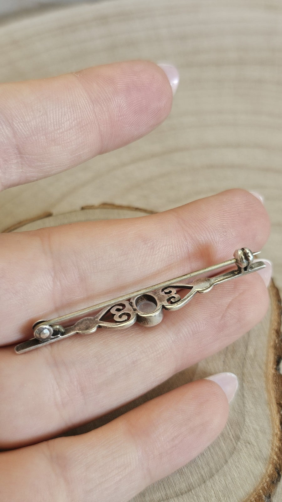 Vintage Silver Moonstone Bar Brooch Heart Scroll Design Stamped SILVER 54mm
