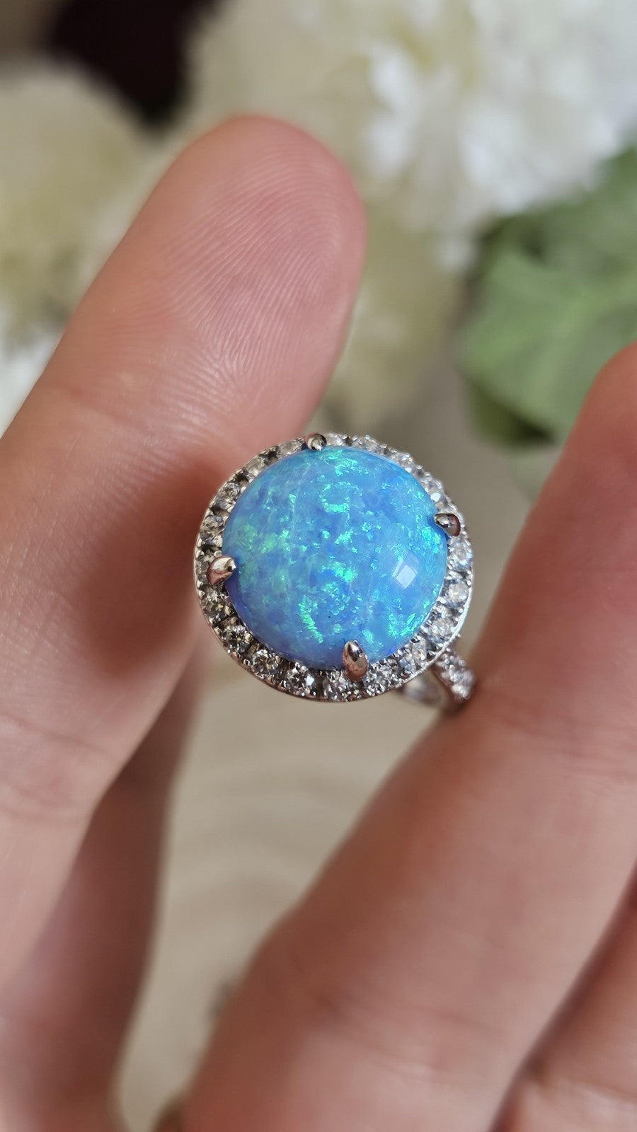 925 Sterling Silver Blue Opal & Zircon Halo Ring Size N 1/2 4.92g