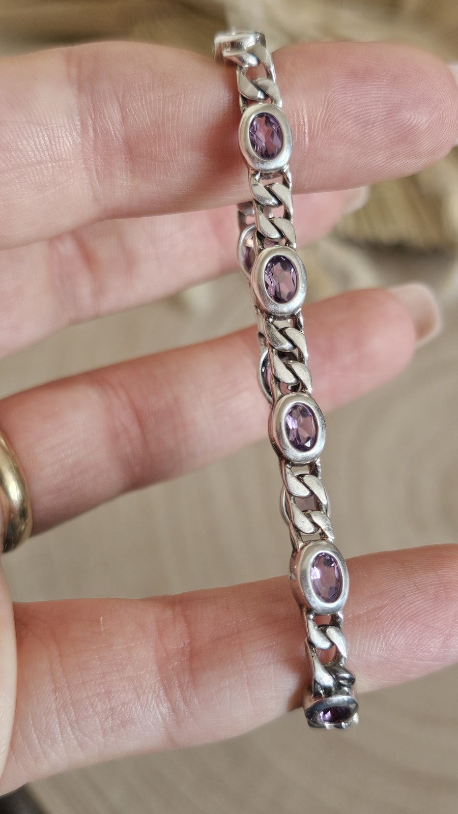 925 Sterling Silver Curb Link Amethyst Bracelet 18.5cm Hallmarked 13.39g