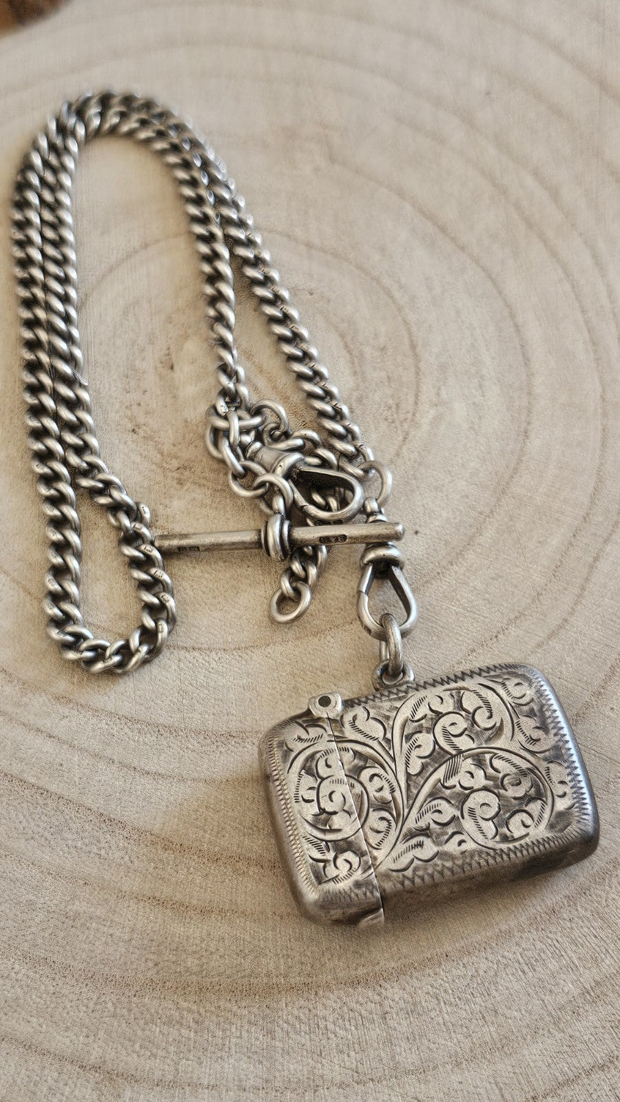 Antique Sterling Silver Albert Chain 1913 & Birmingham 1900 Vesta Case 45.29g