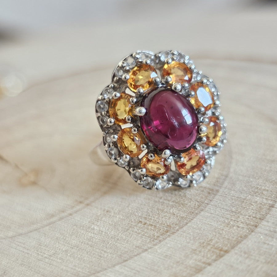925 Sterling Silver Garnet ,Sapphire & Zircon Cluster Ring Size N 4.48g