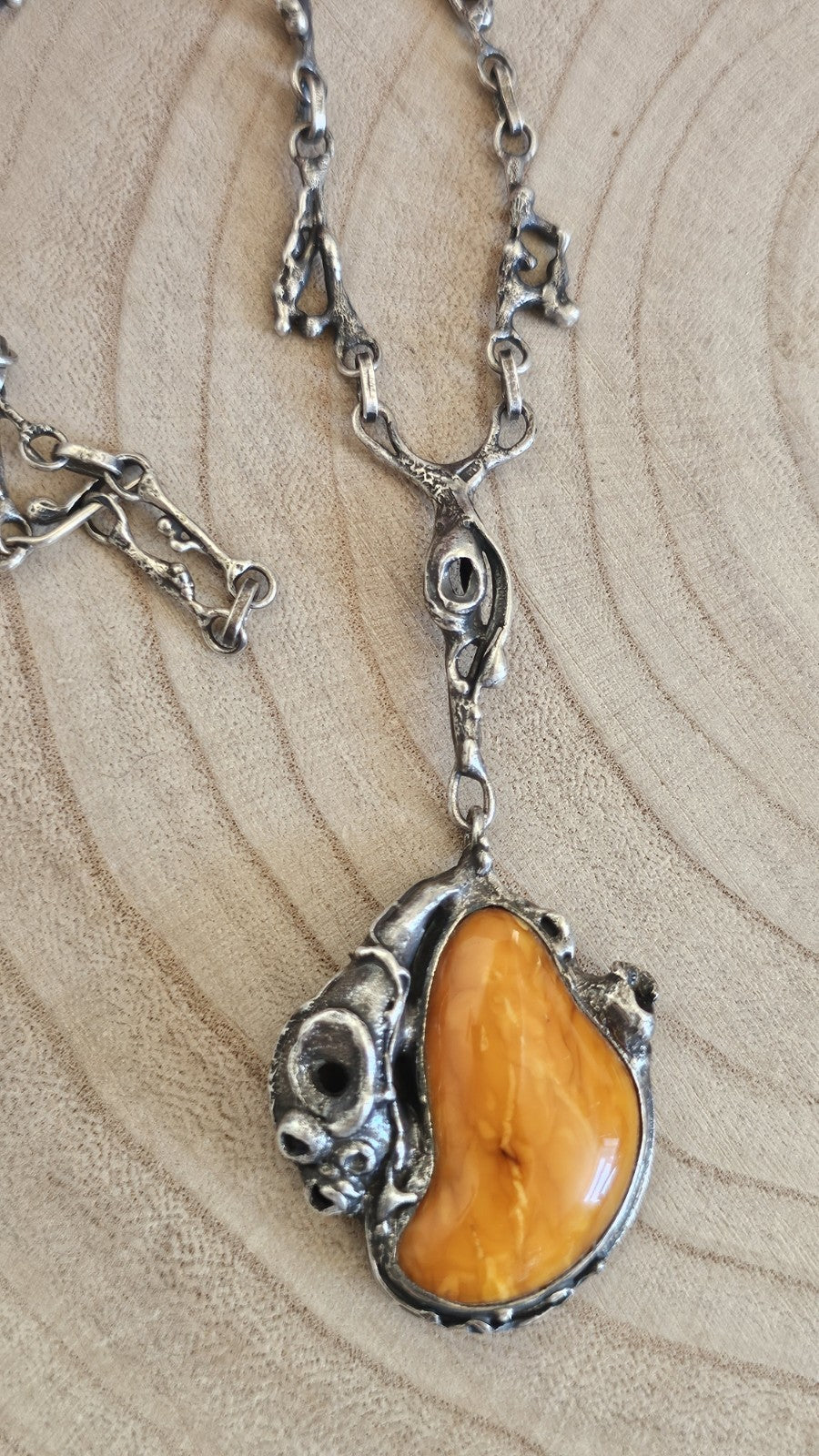 Vintage Polish 800 Silver Amber Brutalist Pendant Necklace TMS Warsaw, 37g